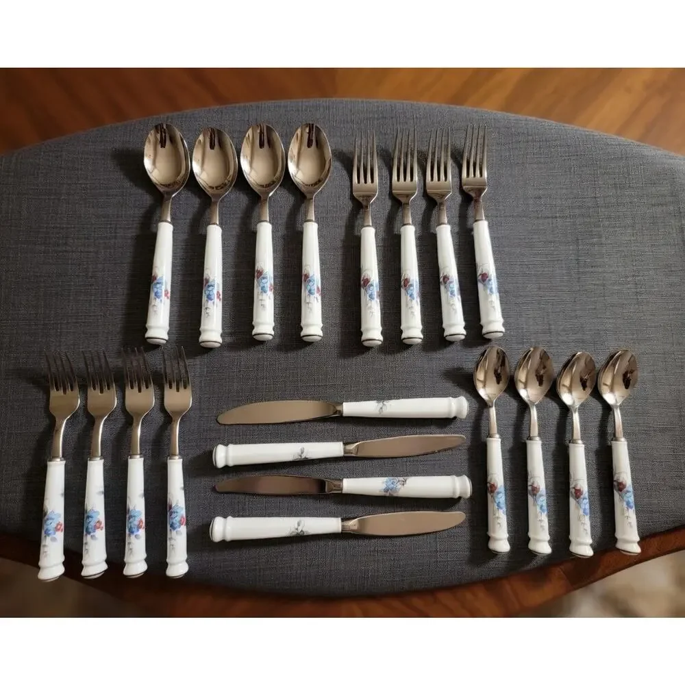 Vintage Noritake Bleufleur Flatware Set - 20pc Stainless Porcelain Japan Floral